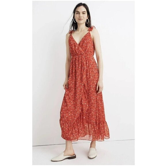 Madewell Ruffle-Strap Wrap Dress Metallic-Striped Prairie Posies Woman's Size 12 - Picture 1 of 6
